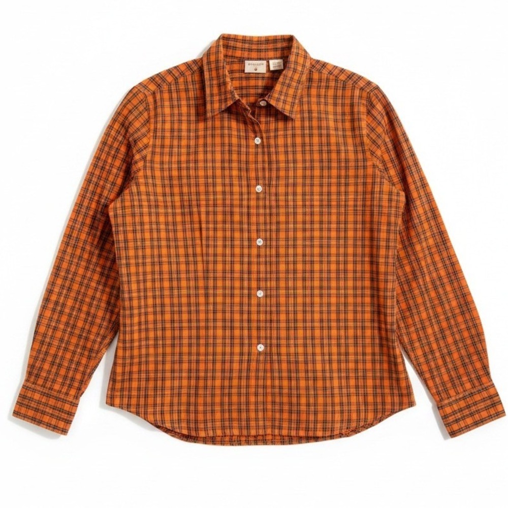 Mountain Lake Orange Plaid Button Down, 100% Cotton Long Sleeve Shirt Women's XL